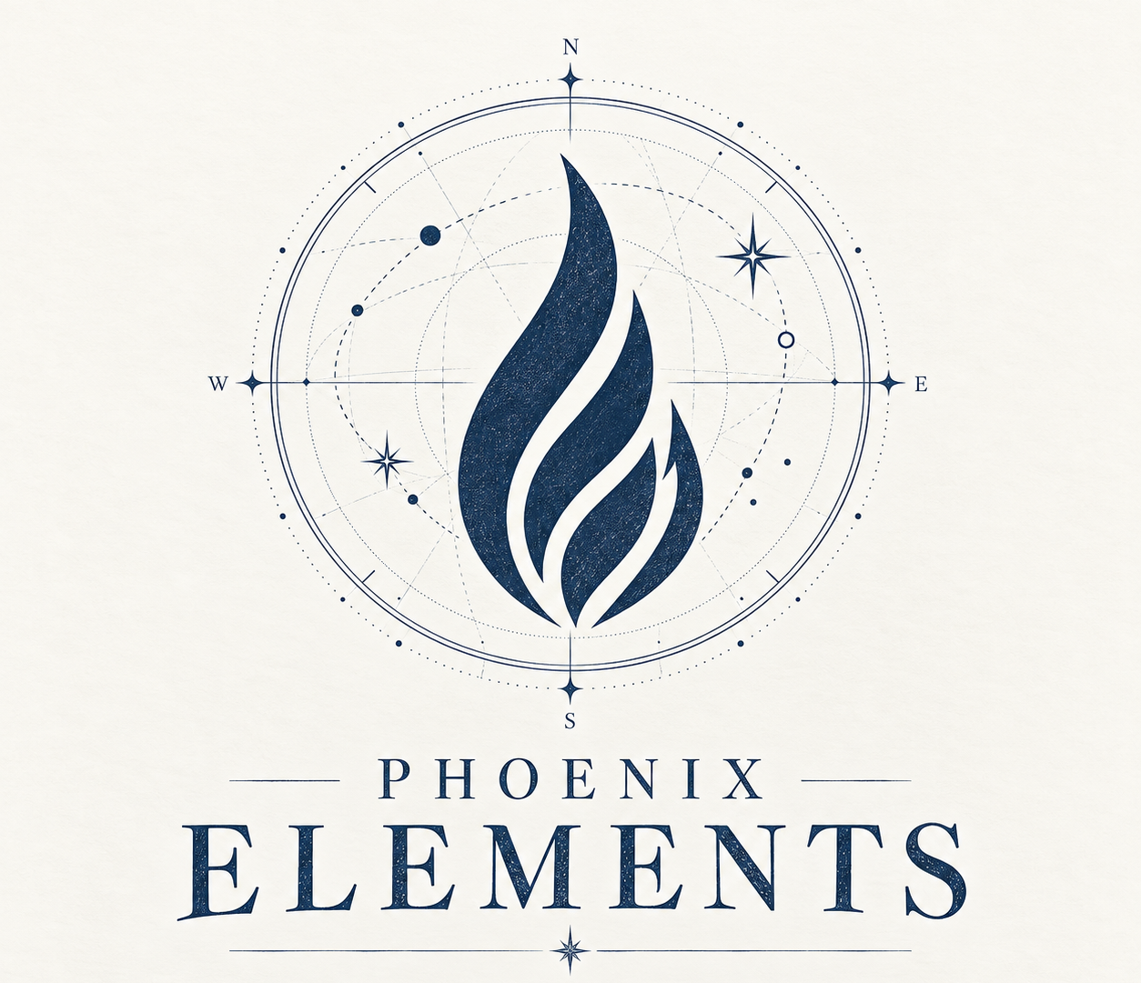 Phoenix Elements — a flame within a celestial compass.